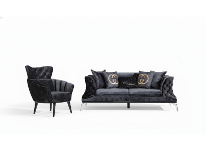 Black couch sofa set 3+1 seat Chesterfield living room upholstery