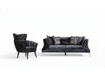 Black couch sofa set 3+1 seat Chesterfield living room upholstery