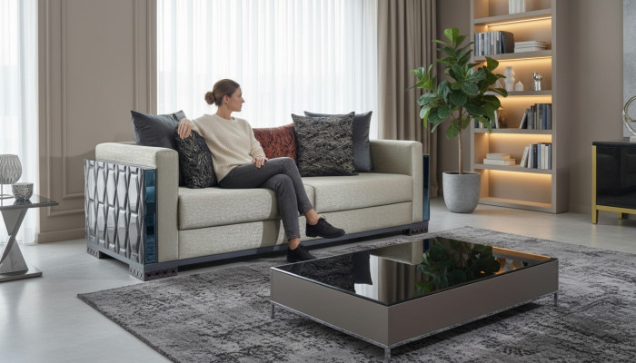 Three-seater luxury sofa, 3-seat sofa, seat design, brown metal with fabric.