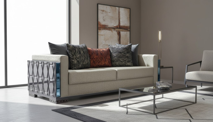 Three-seater luxury sofa, 3-seat sofa, seat design, brown metal with fabric.