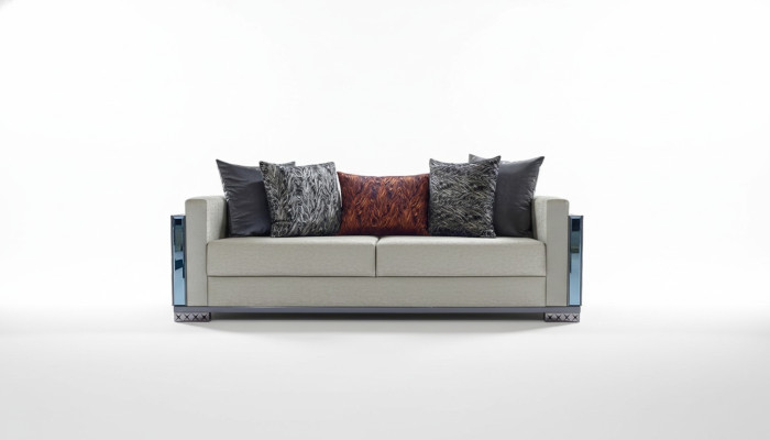 Three-seater luxury sofa, 3-seat sofa, seat design, brown metal with fabric.