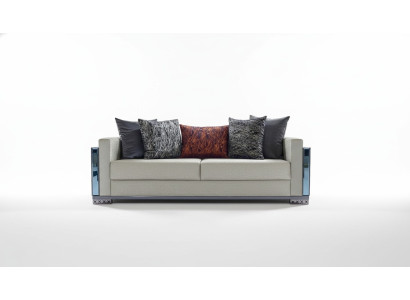 Three-seater luxury sofa, 3-seat sofa, seat design, brown metal with fabric.