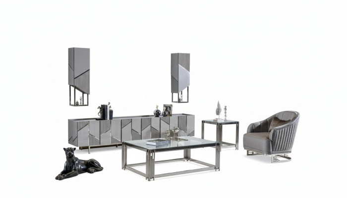 Set of TV stand, armchair, coffee table, side table, living room, 4 pieces, gray, new.