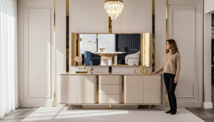 Living room sideboard mirror material wood with metal style modern beige