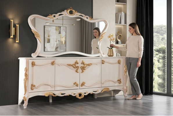 Sideboard with Mirror Set Dining Baroque Wooden Dressers Wooden Cabinet New