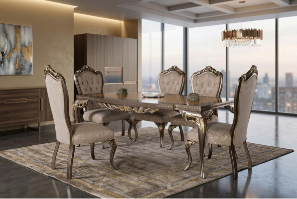 Classic dining table made of solid wood with elaborate embellishments.
