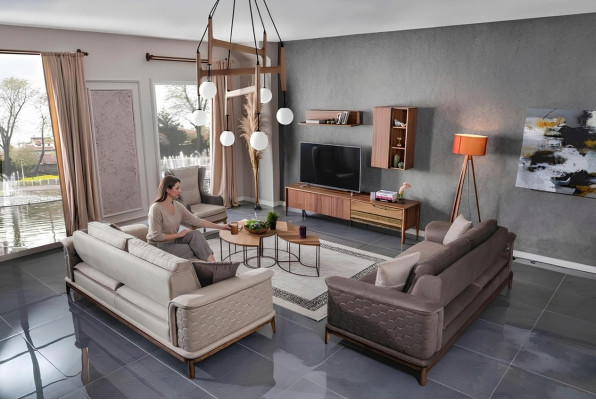 Luxury Sofa Set 3+3+1 Seater Sofa Fabric Armchair Modern Brown Sofas