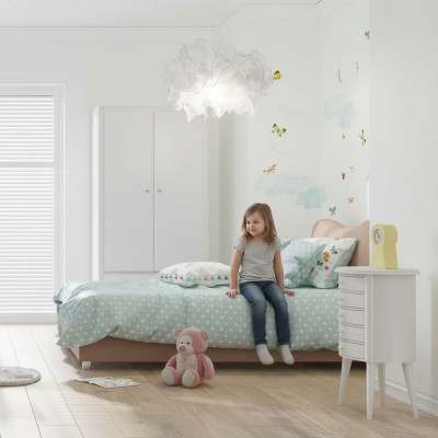 Children's room, children's bed, bed, nightstand, wardrobe, wood furniture, white, 3-piece set