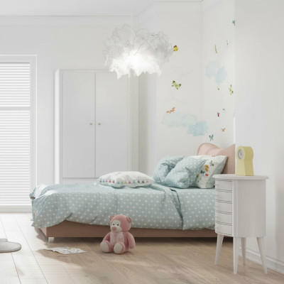 Children's room, children's bed, bed, nightstand, wardrobe, wood furniture, white, 3-piece set