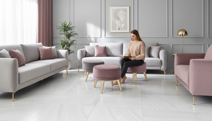 Stool Ottoman Pouf Modern Luxury Fabric Design Living Room Pink Round
