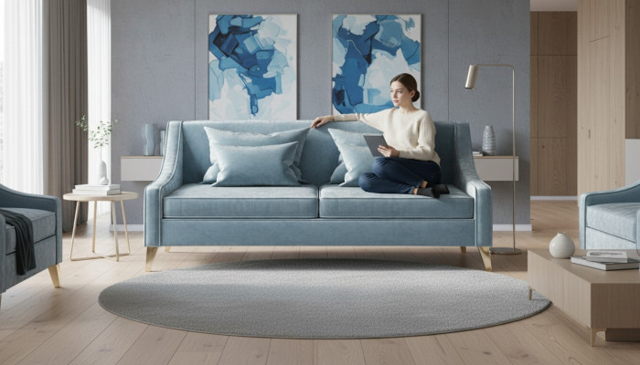 Velvet three-seater sofa, 3-seat sofas, fabric living room, polyester, modern luxury, blue.