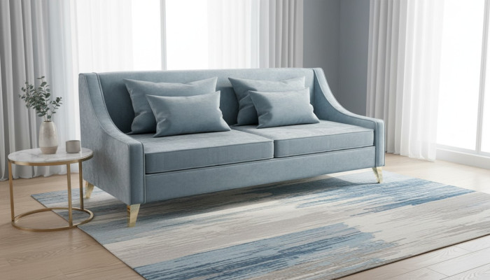 Velvet three-seater sofa, 3-seat sofas, fabric living room, polyester, modern luxury, blue.