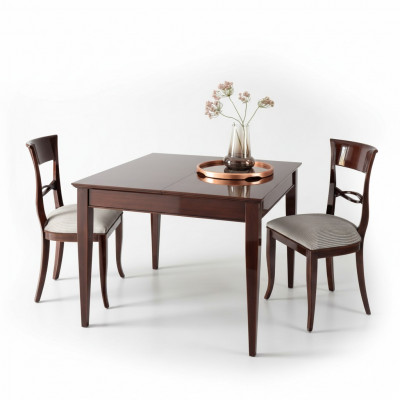 Elegant dining table with chairs in dark brown color with a glossy finish