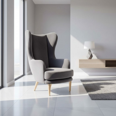 Wing chair, armchair, club chair, cocktail chair, luxury seat, gray seat, living room.