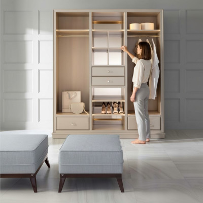 Open wardrobe bedroom closet walk-in furniture cabinet wood beige