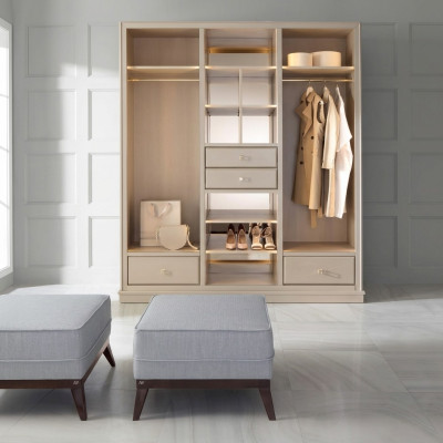 Open wardrobe bedroom closet walk-in furniture cabinet wood beige