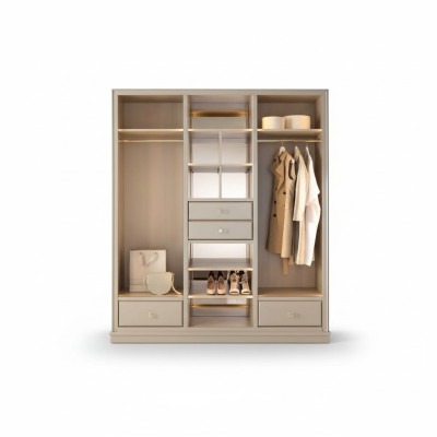Open wardrobe bedroom closet walk-in furniture cabinet wood beige