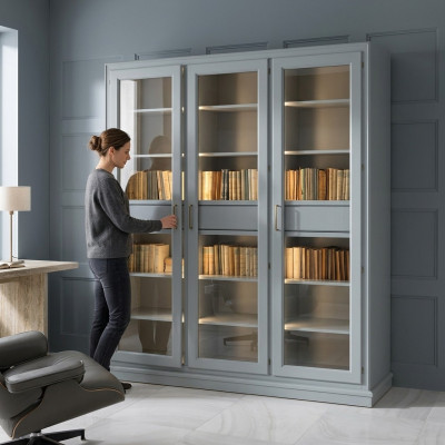 Gray bookshelf with glass doors - Stylish storage solution for your book collection
