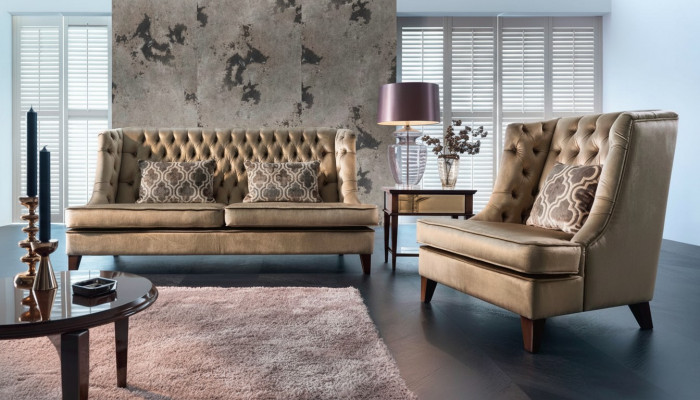 Sofa set 3-seater armchair Chesterfield modern fabric brown 3-piece