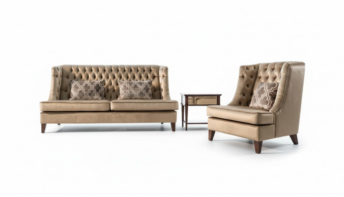 Sofa set 3-seater armchair Chesterfield modern fabric brown 3-piece