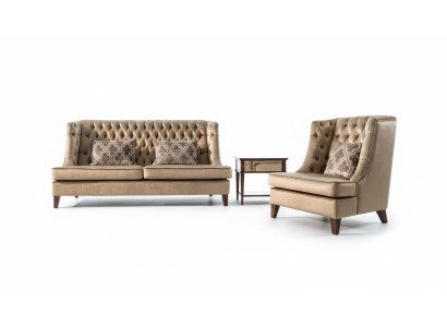 Sofa set 3-seater armchair Chesterfield modern fabric brown 3-piece