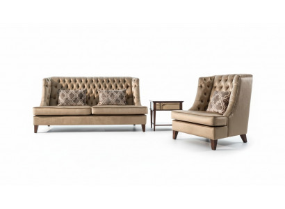 Sofa set 3-seater armchair Chesterfield modern fabric brown 3-piece