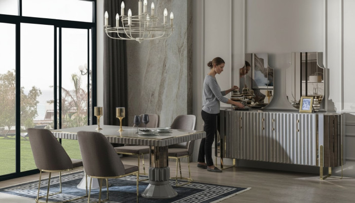 Modern luxury dining set dining room dining table suite chairs dining area gray 5-piece set