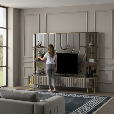 TV stand RTV lowboard sideboard living room gold gray luxury wood new