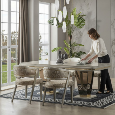 Luxury Dining Set Dining Room Dining Table Chairs Dining Nook Beige 7-piece