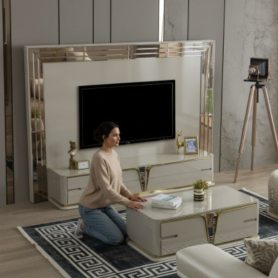 TV Stand RTV Lowboard Sideboard Living Room Gold Beige Luxury Wood New