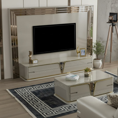 TV Stand RTV Lowboard Sideboard Living Room Gold Beige Luxury Wood New