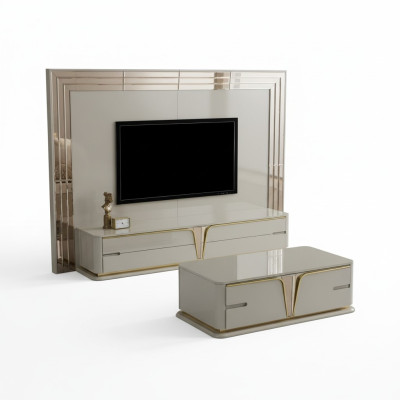 TV Stand RTV Lowboard Sideboard Living Room Gold Beige Luxury Wood New