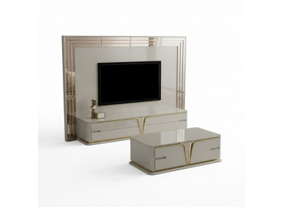 TV Stand RTV Lowboard Sideboard Living Room Gold Beige Luxury Wood New