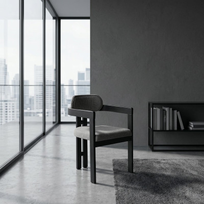 A state-of-the-art chair with an unusual shape and interesting legs with a comfortable gray-black backrest for the dining room.