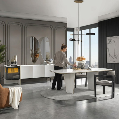 Dining table, dining room table, dining nook, table, wood, modern, white, dining room, luxury.