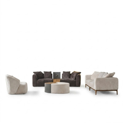 Sofa suite, fabric sofa, modern living room, white, 3-piece, polyester