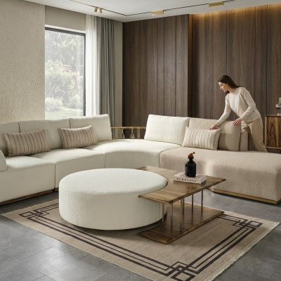 Coffee table, table, side table, living room, modern, white, round, fabric, wood