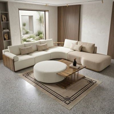Coffee table, table, side table, living room, modern, white, round, fabric, wood