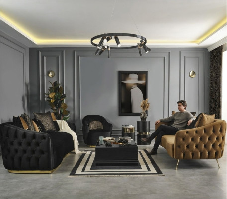 Chesterfield Sofa Set, Sofa, Armchair, Blue, Polyester, Luxury Set, 3-piece