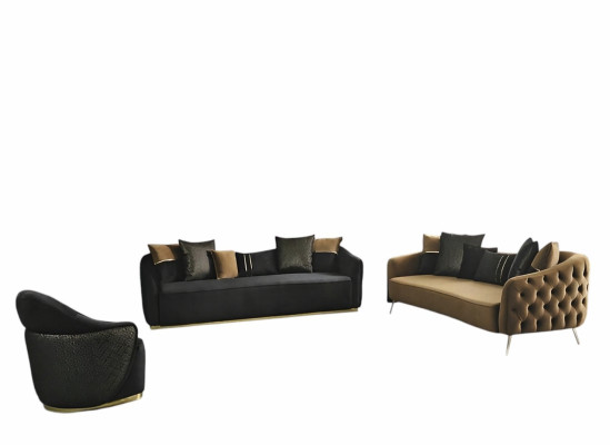 Chesterfield Sofa Set 3-Seater Armchair Blue Polyester 2-Piece Set