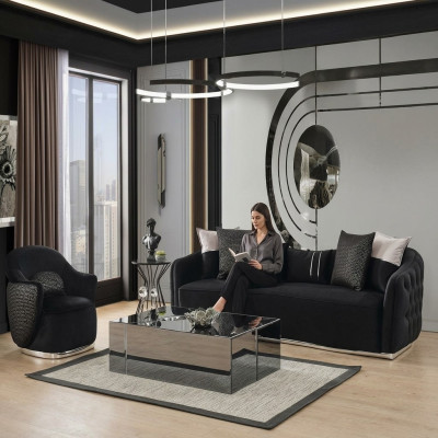 Sofa set: 4-seater sofa, armchair, four-seater, fabric black polyester