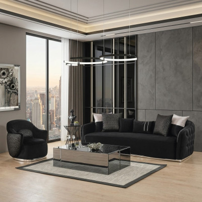 Sofa set: 4-seater sofa, armchair, four-seater, fabric black polyester