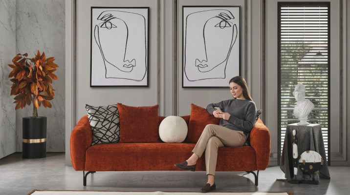 Three-seater sofa, 3-seater sofas, modern fabric design, orange living room.
