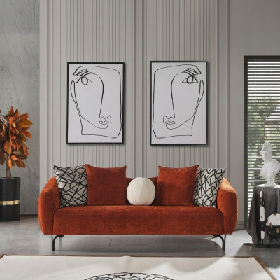 Three-seater sofa, 3-seater sofas, modern fabric design, orange living room.