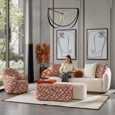 Living room sofa set, sofa, 4-seater, armchair, 3x stools, white, four-seater fabric