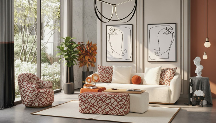 Living room sofa set, sofa, 4-seater, armchair, 3x stools, white, four-seater fabric