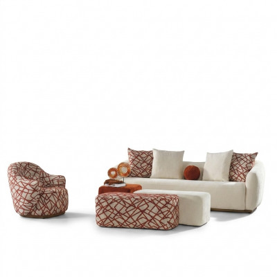 Living room sofa set, sofa, 4-seater, armchair, 3x stools, white, four-seater fabric