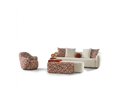 Living room sofa set, sofa, 4-seater, armchair, 3x stools, white, four-seater fabric