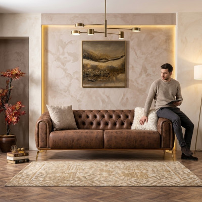 Chesterfield four-seater sofa, 4-seater, seat polyester, brown faux leather