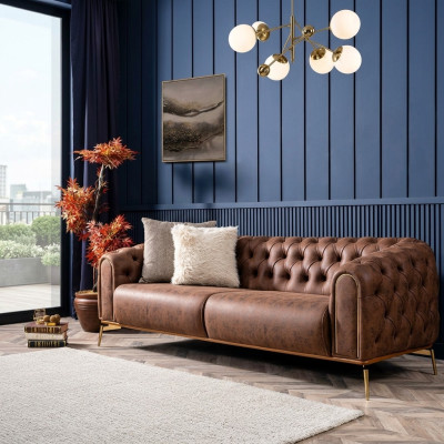 Chesterfield four-seater sofa, 4-seater, seat polyester, brown faux leather